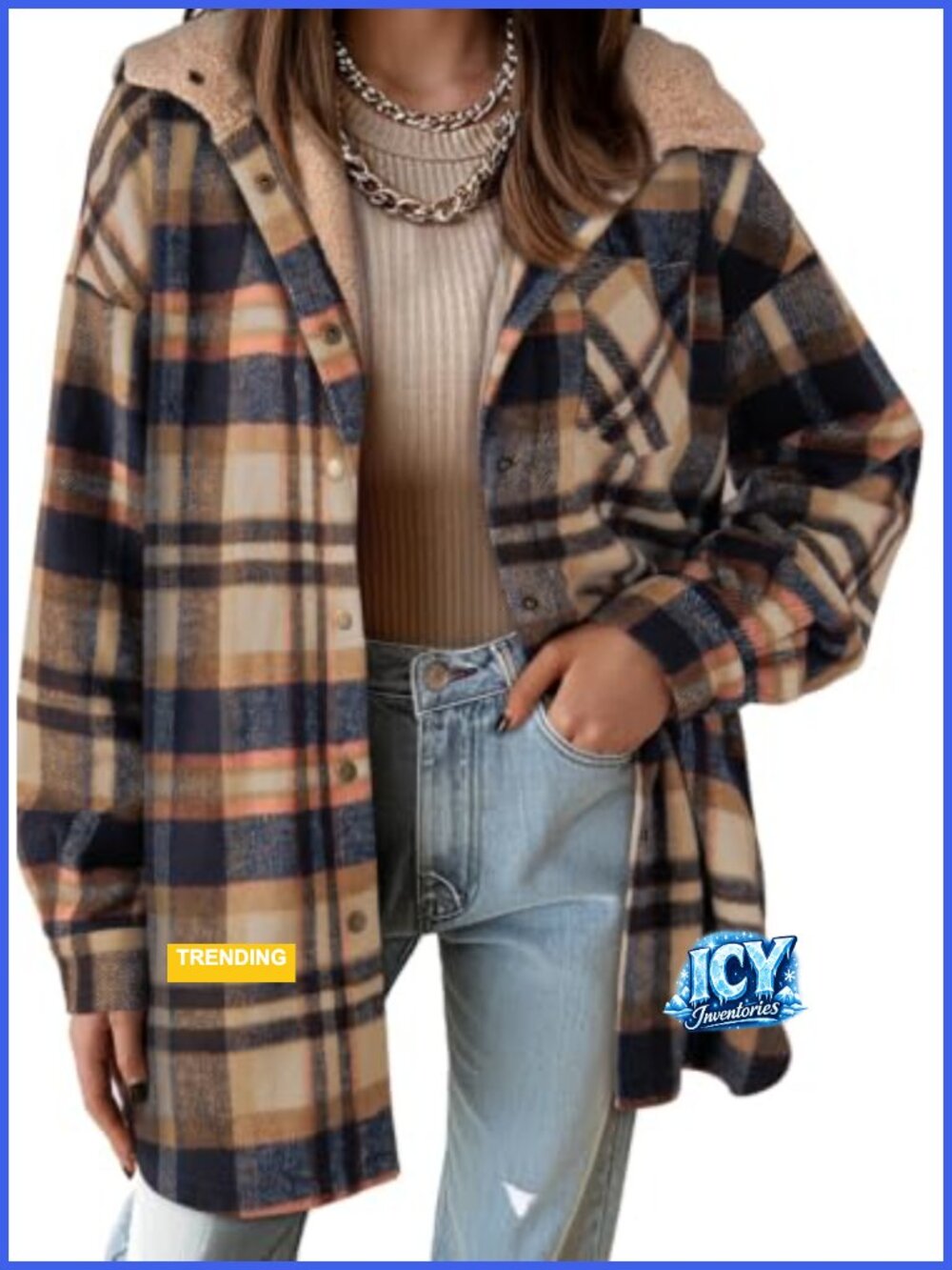 Flannel Hooded Shacket Plaid Fleece Lined Jacket Oversized Coat